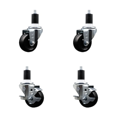 Service Caster 3'' SS Hard Rubber Wheel Swivel 1-1/2'' Expand Stem Caster Set 2 Brakes, 4PK SCC-SSEX20S314-HRS-2-TLB-2-112